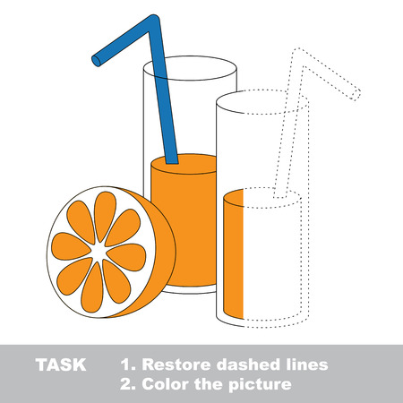 Glass of orange juice in vector colorful to be traced. Restore dashed line and color the picture. Visual game for children. Worksheet to be colored.のイラスト素材