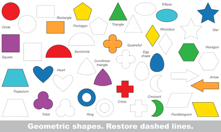 Set of simple shapes in vector to be traced. Restore dashed line and color the picture. Trace game for children. Set of simple shapes in vector to be traced. Restore dashed line and color the picture. Trace game for children.