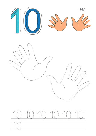 Vector exercise illustrated alphabet. Learn handwriting. Page to be traced. Complete english alphabet. Tracing worksheet for figure Ten. Fugures and fingers.のイラスト素材