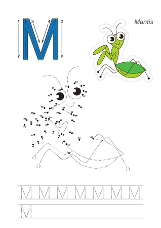 Vector exercise illustrated alphabet. Gaming and education. Learn handwriting. Connect dots by numbers. Kid game. Tracing worksheet for letter M. Mantis.のイラスト素材