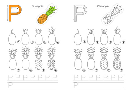 Complete vector illustrated alphabet with kid games. Learn handwriting. Easy educational kid game. Simple level of difficulty. Gaming and education. Drawing tutorial for letter P. Pineapple.のイラスト素材