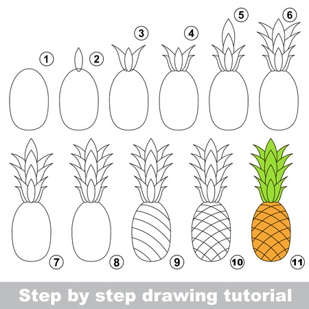 Drawing tutorial for children. Easy educational kid game. Simple level of difficulty. Kid education and gaming. How to draw Ripe Pineapple.のイラスト素材