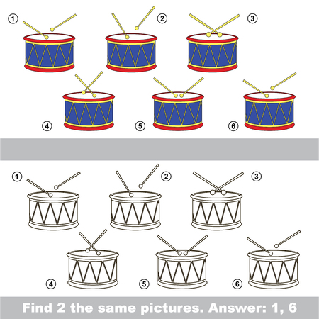 The design difference. Vector visual game for children. Task and answer. Find two similar Drums.のイラスト素材