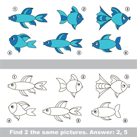 The design difference. Vector visual game for children. Simple level of difficulty. Easy educational game. Task and answer. Find two similar Fishes.のイラスト素材