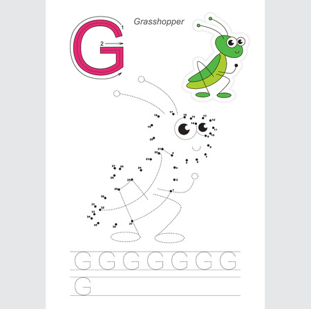 Vector exercise illustrated alphabet. Gaming and education. Learn handwriting. Connect dots by numbers. Kid game. Tracing worksheet for letter G. The grasshopper.のイラスト素材