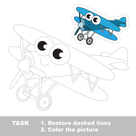 Blue Biplane in vector to be traced. Easy educational kid game. Simple game level. Restore dashed line and color the picture. Trace game for children.のイラスト素材