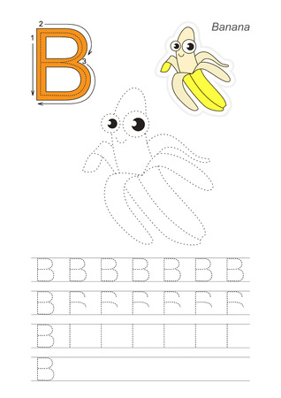 Vector illustrated worksheet. Learn handwriting. Gaming and education. Page to be traced. Easy educational kid game. Simple level. Complete eng alphabet. Tracing worksheet for letter B. The Yellow Banana.のイラスト素材