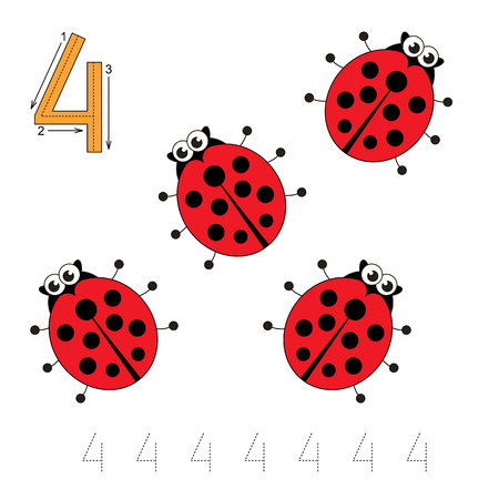 Vector illustrated worksheet. Learn handwriting. Gaming and education. Page to be traced. Easy educational kid game. Simple level. Tracing worksheet for figure Four. Four Ladybugs.のイラスト素材