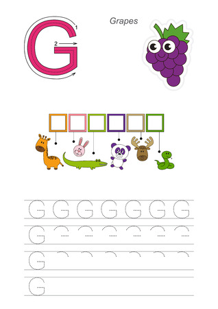 Vector rebus game for children. Easy educational kid game. Simple game level. Find solution and write the hidden word Grapes.のイラスト素材