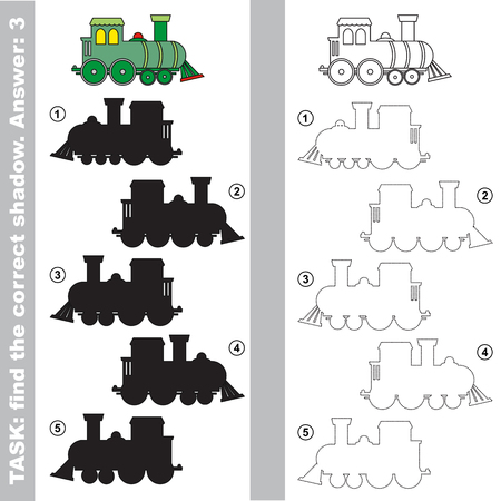 The toy locomotive with different shadows to find the correct one. Compare and connect object with it true shadow. Easy educational kid gaming. Simple level of difficulty. Visual game for children.のイラスト素材