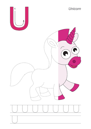 Half trace game for letter U. Unicorn.のイラスト素材