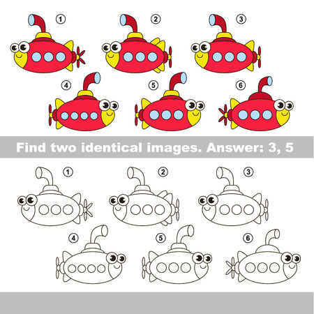 The design difference. Vector visual game for kid education. Simple level of difficulty. Easy educational game. Task and answer. Find two similar Submarines.のイラスト素材