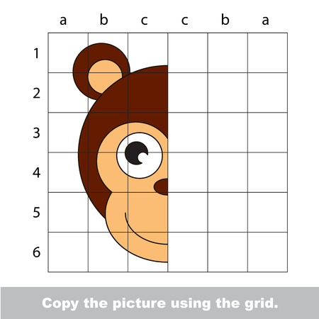 Vector kid educational game with easy game level for preschool kids education, finish the simmetrical picture using grid sells, the funny drawing kid school. Drawing tutorial for Monkey Head.のイラスト素材