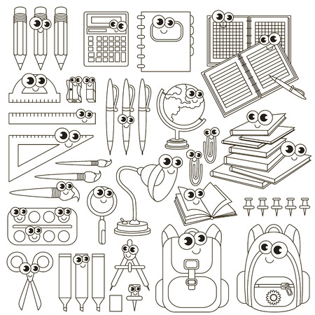 Set of office supplies to be colored. Coloring book to educate kids. Learn colors. Visual educational game. Easy kid gaming and primary education. Simple level of difficulty. Coloring pages.のイラスト素材