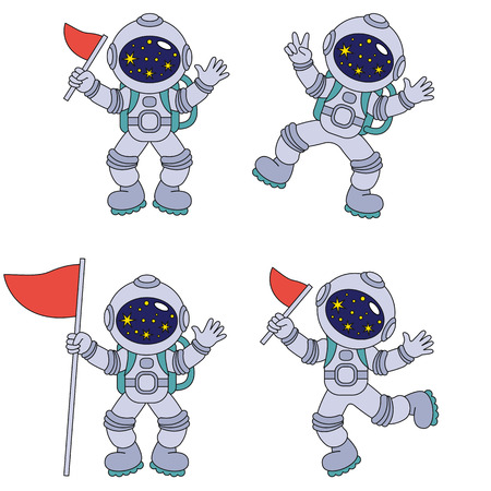 Spaceman set, collection of coloring book template, the group of outline digital elements vector illustration, kid game page.のイラスト素材