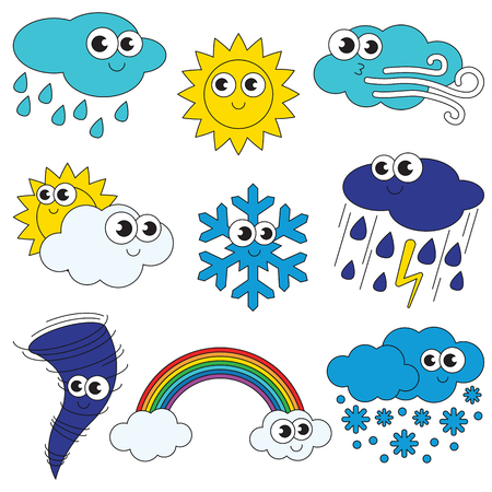 Funny Different weathers elements set, collection of coloring book template, the group of outline digital elements vector illustration, kid game page.のイラスト素材