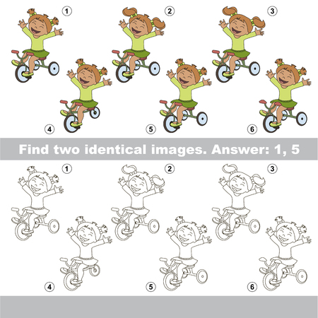 The educational kid matching game for preschool kids with easy gaming level, he task is to find similar objects, to compare items and find two same Three Wheeled Girl Bicyclist.のイラスト素材