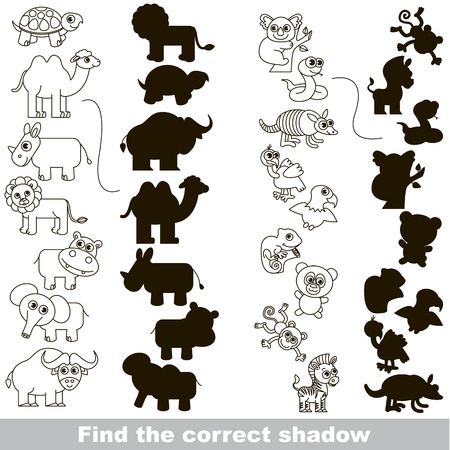 Colorless Wild Animals Set with different shadows to find the correct one, compare and connect object with it true shadow, the educational kid game with simple gaming level.のイラスト素材