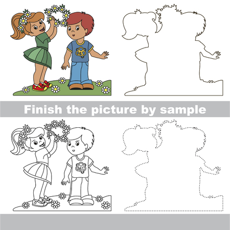 Drawing worksheet for preschool kids with easy gaming level of difficulty, simple educational game for kids to finish the picture by sample and draw the Girl and Boy Friendshipのイラスト素材