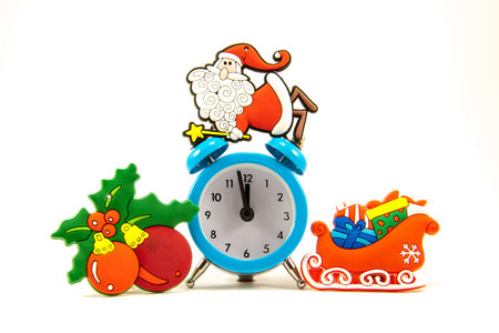 blue clock, santa claus, sleigh, Christmas balls on a white backgroundの写真素材