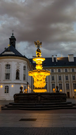 Prague Castle fountain at nightの写真素材