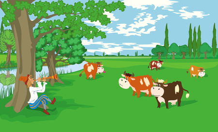 Cowboy tends cows on a meadowのイラスト素材