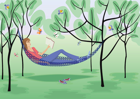 Girl reads a book in a hammockのイラスト素材