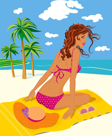 A beautiful woman in bikini on a vacant beachのイラスト素材