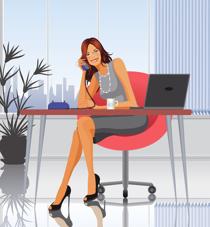 Woman sitting at a desk and speaking on the phoneのイラスト素材