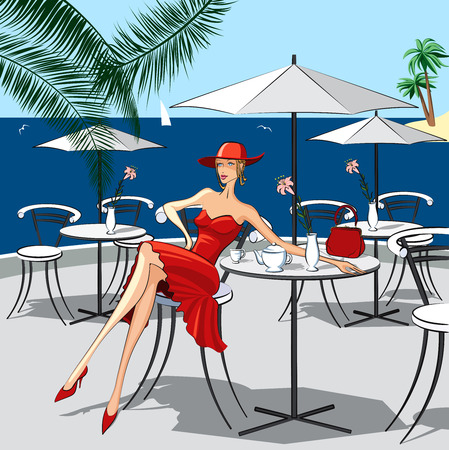 Background with beautiful woman sitting at a cafe by the seaのイラスト素材