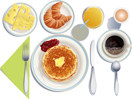 Vector illustration of fried pancakes with melted butter and strawberry jam, cup of coffee, glass of orange juice, plate with cheese and butter, plate with croissants, boiled egg,  knife, fork and teaspoonのイラスト素材