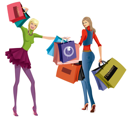 Two beautiful young women with shopping bagsのイラスト素材