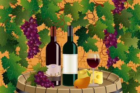 Composition with wine bottles, wineglass, cheese, grapes and pears on a wooden barrel on the background with grape vineのイラスト素材