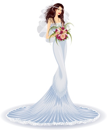 Beautiful bride in wedding dress with bouquet of rosesのイラスト素材