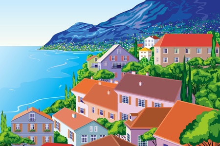 Panoramic view of a town on a seaboardのイラスト素材