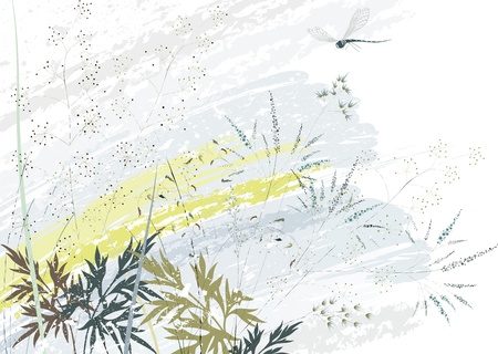 Background with wild herbs and flying dragonflyのイラスト素材