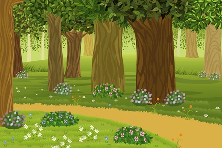 Trees and flowers in an enchanted forestのイラスト素材