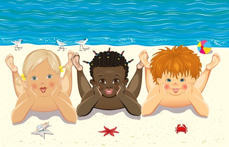 Children relaxing on the beachのイラスト素材