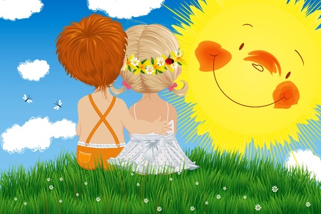 Children sitting in a meadow under the sunのイラスト素材