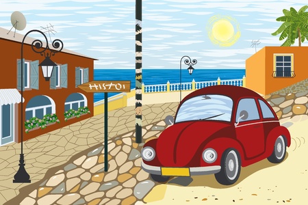 Old car driving on a cobblestone street in a small resort townのイラスト素材