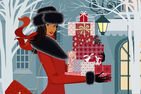 Beautiful woman in red coat with christmas giftsのイラスト素材