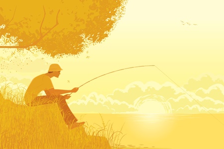 Illustration of fisherman fishing at a lake in the early autumn morningのイラスト素材