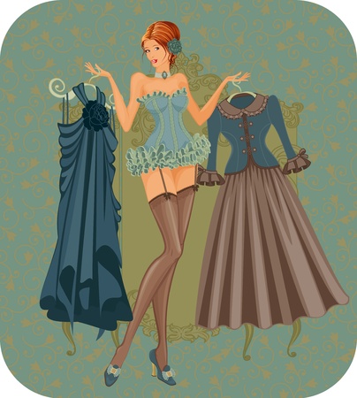 Illustration of a beautiful woman in corset with dresses in vintage styleのイラスト素材
