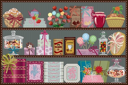 Boxes and cans of chocolates, jars with candies and cakes and baskets with pastries on the shelves of a storeのイラスト素材