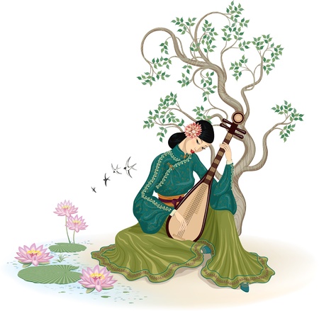 Beautiful Chinese woman sitting and playing the traditional Chinese musical instrument in the gardenのイラスト素材