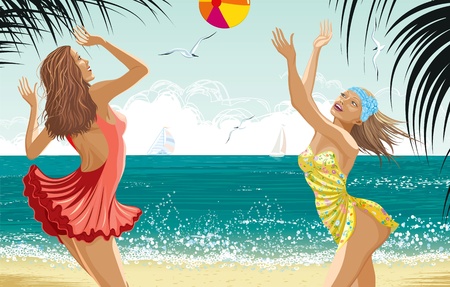 Two beautiful girls dressed in a retro style bathing suits playing a ball at a beachのイラスト素材