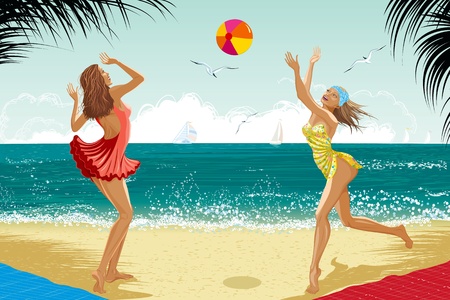 Two beautiful girls dressed in a retro style bathing suits playing a ball at a beachのイラスト素材