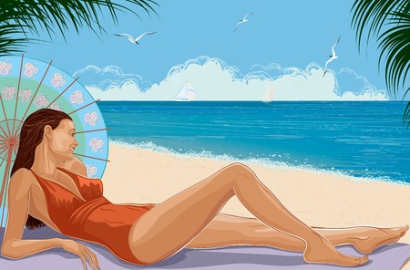 Beautiful girl with long hair in a red bathing suit lying under an umbrella at a beach and looking at the seaのイラスト素材