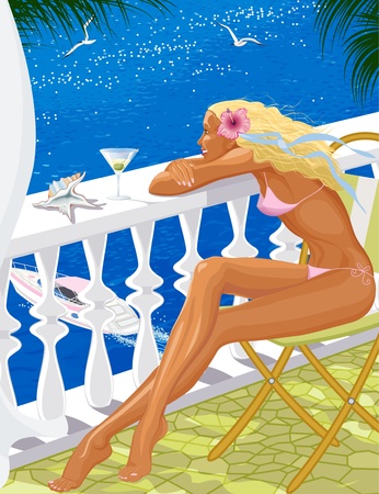 Beautiful blond young woman sitting on a balcony of a hotel s room and looking at the seaのイラスト素材
