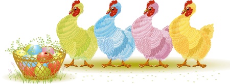 Four colorful funny hens and basket of easter eggs over white backgroundのイラスト素材